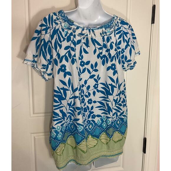 Keren Hart White Floral Embroidered Smocked Boho/Peasant Top Sz M - Picture 4 of 9